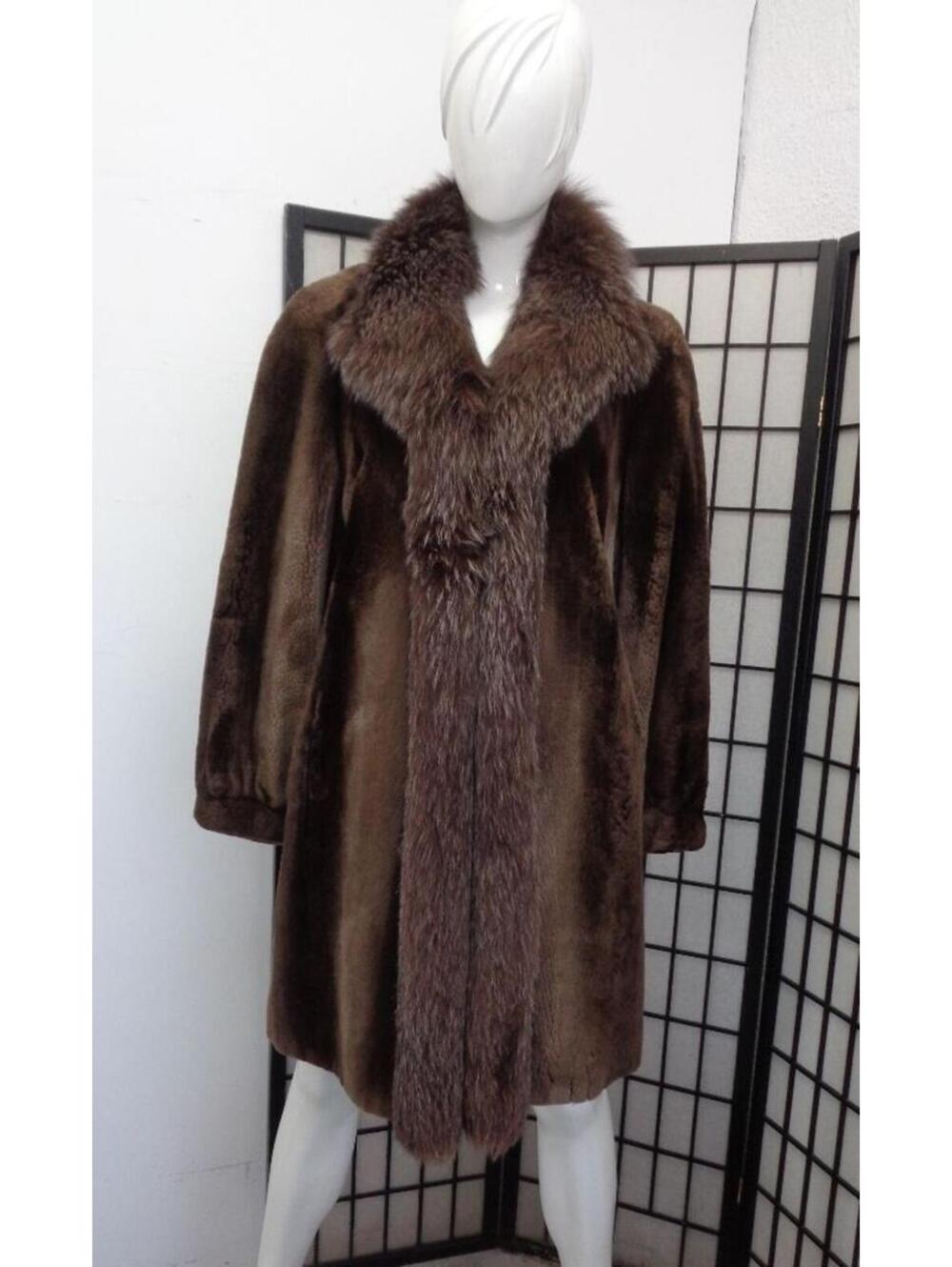 EXCELLENT BROWN SHEARED BEAVER & FOX FUR COAT JACKET WOMEN WOMAN SIZE 10 MEDIUM
